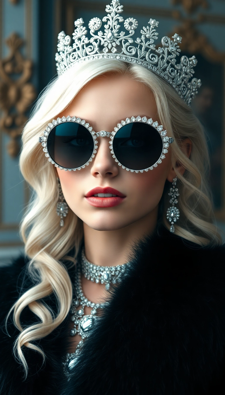 Free AI Young Platinum Blonde Queen in Black Fur iPhone Masterful Background